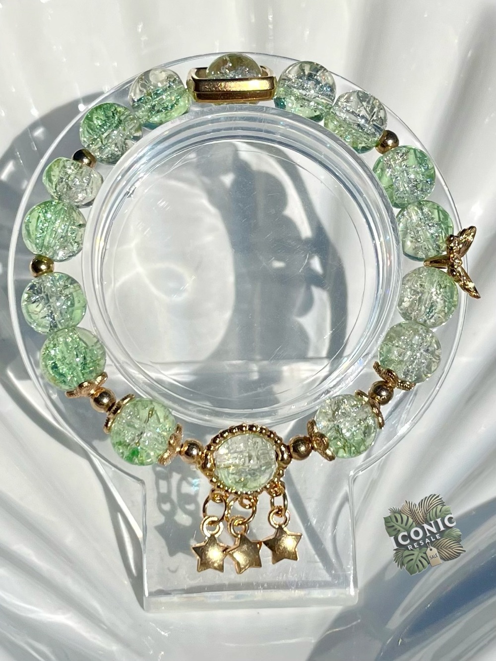 Stars & Butterflies Green Crackle Glads Beaded Bracelet NWOT